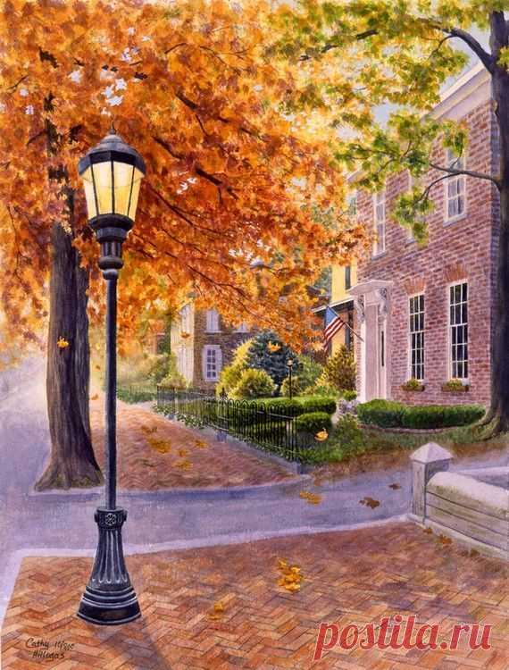 Autumn Victorian street, watercolor painting print by Cathy Hillegas,16x22, New…