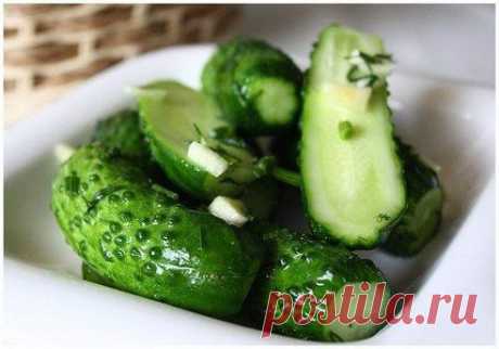 ОГУРЧИКИ СУХОГО ПОСОЛА
Быстро и очень вкусно

Ингредиенты:
На 1 кг огурцов (желательно маленьких) добавляется 1 столовая ложка соли, небольшой пучок укропа, 3-4 зубчика чеснока.

У огурцов срезать кончики,  порубить, чеснок мелко порубить (не давить!). Все сложить в полиэтиленовый пакет, перемешать-потрясти, положить во второй мешок для герметичности и - в холодильник. Пару раз, не открывая мешков, перемешивать и перетряхивать их содержимое.
Через 6-8 часов уже можно есть.