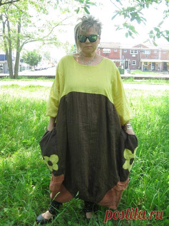Handmade Upcycled Recycled Lagenlook Asymmetrical Balloon Linen Dress Gorgeous, stunning one of the kind asymmetrical balloon dress. Made of Match point, flax linen and Italian Imported fine quality linen. Very light weight, soft, flawless. Beautiful combination of yellow, chocolate brown, dark rust with stripes, bright rust colors. Has 2 huge