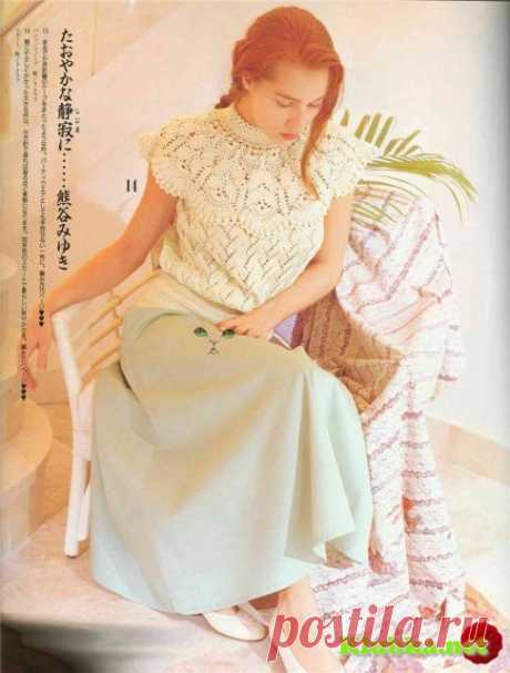 Ажурная кофточка с круглой кокеткой (Без перевода) » Клубка.Нет - Все о вязании крючком