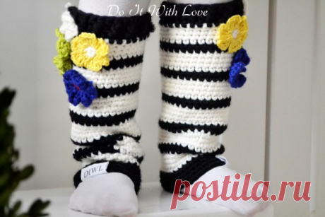 Legwarmer selber häkeln-Blumen/Streifen-Motiv