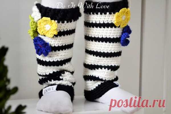 Legwarmer selber häkeln-Blumen/Streifen-Motiv