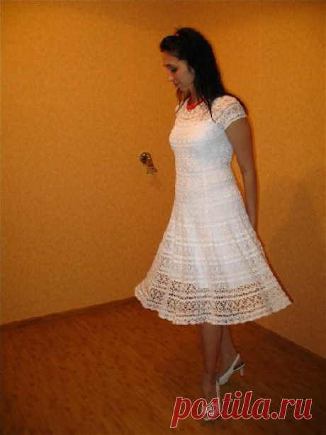 Вязаный платье с круглой кокеткой, вязание крючком платья, работы мастериц - схема вязания, фото, описание