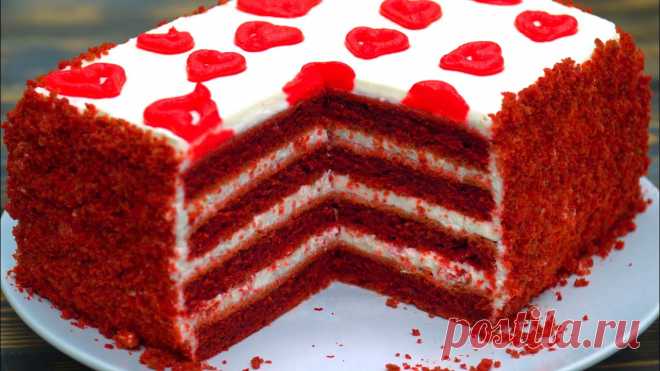 Торт КРАСНЫЙ БАРХАТ | За 30 минут | Red Velvet | Кулинарим с Таней Тесто: 260 гр. кефира (2.5-3.2 %) 3 средних яйца С1 +/- 280 гр. пшеничной муки  200 гр. сахара 180 мл. растительного масла без запаха 10 гр. какао-порошка 1 ст.л. уксуса 6-9% 1 ч.л. пищевой соды (9 гр.) 2-3 ч.л. гелевого пищевого красителя...