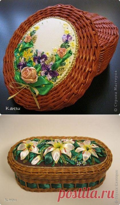Газетные плетенки с вышивкой лентами. Мастер-класс.