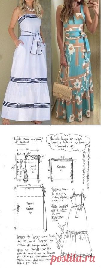 Vestido longo com alças largas e babado na barra | DIY - molde, corte e costura - Marlene Mukai