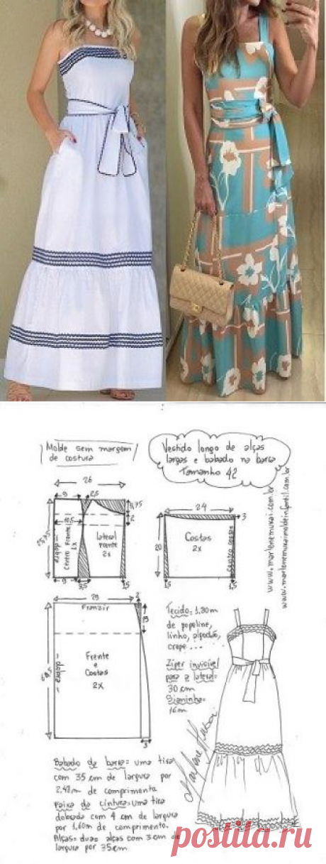 Vestido longo com alças largas e babado na barra | DIY - molde, corte e costura - Marlene Mukai