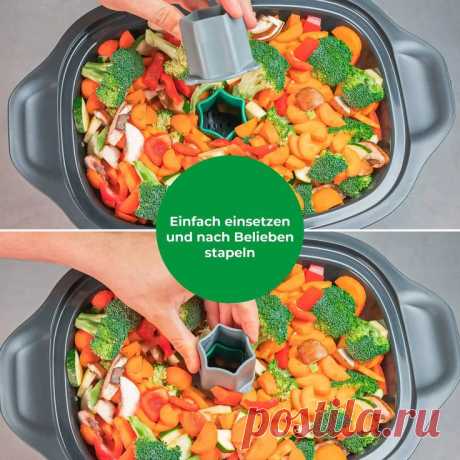 Thermomix- and Monsieur Cuisine Users love gentle steaming in the steamer basket, because valuable vitamins and nutrients that would otherwise be transferred to the cooking water and usually not used are retained in broccoli, zucchinis, peppers, cauliflower or carrots. Ideal for a balanced, light cuisine.
However, when cooking larger portions, the steam slots in the base of the Varoma container or Monsieur Cuisines cooking container are completely covered with the food and the steam can no longe