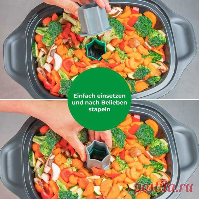 Thermomix- and Monsieur Cuisine Users love gentle steaming in the steamer basket, because valuable vitamins and nutrients that would otherwise be transferred to the cooking water and usually not used are retained in broccoli, zucchinis, peppers, cauliflower or carrots. Ideal for a balanced, light cuisine.
However, when cooking larger portions, the steam slots in the base of the Varoma container or Monsieur Cuisines cooking container are completely covered with the food and the steam can no longe