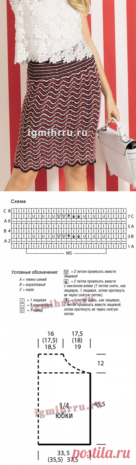 Юбка-карандаш с волнистым узором, связанная единым полотном. Вязание спицами
