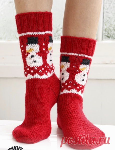MyKnits.Ru: Новогодние носки "Снеговики" спицами
