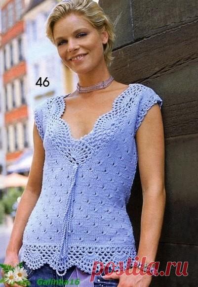 ЛЕТНЯЯ КОФТА СПИЦАМИ С АЖУРНОЙ ОТДЕЛКОЙ.

Размер 36/38 (42/44)
Материал: 350 (400) г. сиреневой пряжи Stop (50% вискозы, 50% микрофибры, 105 м./ 50 г.) Спицы № 4,5, крючок № 4

Ажурный узор:

Набираем количество петель кратное 8 + 6 + 2 кром. п., вязать по схеме. Даны только лиц. р., в изн. р. - все петли и накиды вязать изн. п. Начать с кром. п., повторять раппорт, закончить п. после раппорта и кром. п..Повторять с 1 - 12 р.

Бордюр:

Количество п. кратное 15 + 2, вяжется...