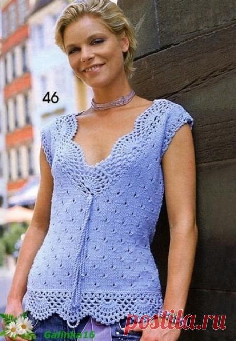 ЛЕТНЯЯ КОФТА СПИЦАМИ С АЖУРНОЙ ОТДЕЛКОЙ.

Размер 36/38 (42/44)
Материал: 350 (400) г. сиреневой пряжи Stop (50% вискозы, 50% микрофибры, 105 м./ 50 г.) Спицы № 4,5, крючок № 4

Ажурный узор:

Набираем количество петель кратное 8 + 6 + 2 кром. п., вязать по схеме. Даны только лиц. р., в изн. р. - все петли и накиды вязать изн. п. Начать с кром. п., повторять раппорт, закончить п. после раппорта и кром. п..Повторять с 1 - 12 р.

Бордюр:

Количество п. кратное 15 + 2, вяжется...