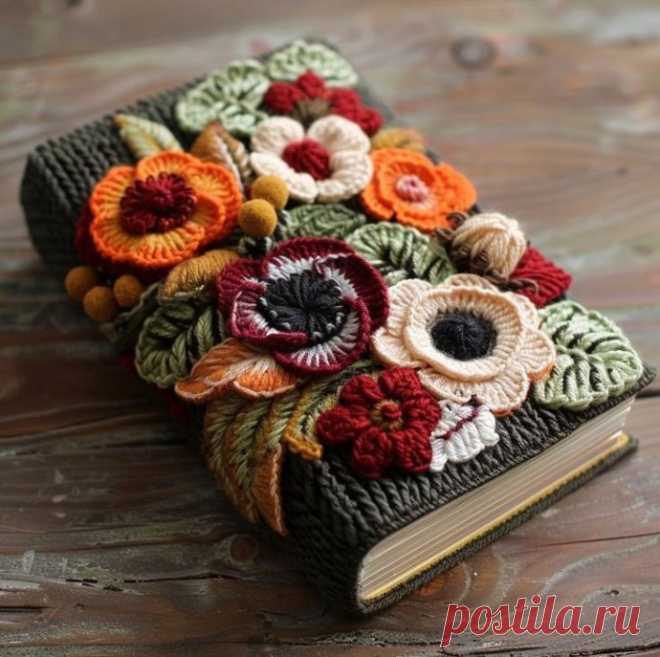 Обложка ежедневника с вязаными цветами