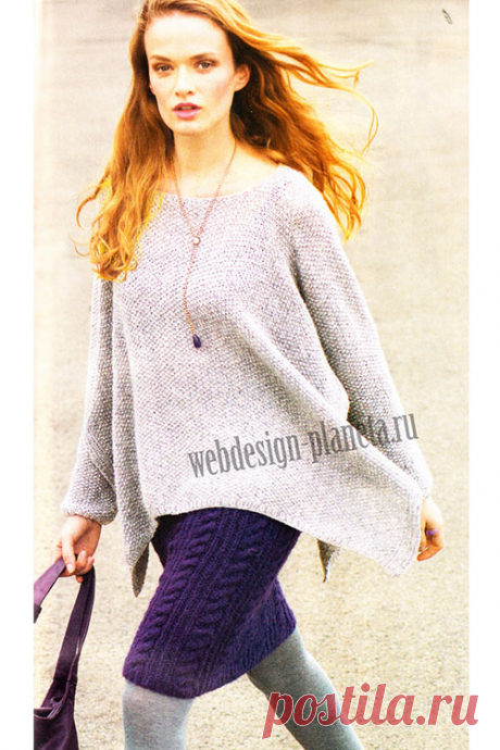 Контрастные пуловер-пончо и юбка спицами | Вязание спицами, вязание крючком | Мир вязания Широкий пуловер-пончо с облегающей прямой юбкой, выполненные спицами - гармоничный дует серого и лилового с чувственной плавностью линий.