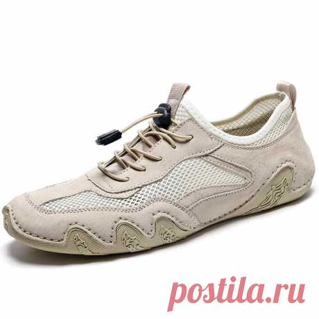 Men Mesh Leather Splicing Breathable Soft Sole Elastic Lace Casual Driving Shoes - US$53.74