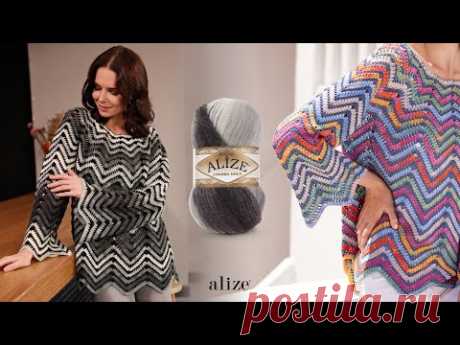 Блуза с зигзагообразным узором крючком из Alize Angora Gold Batik