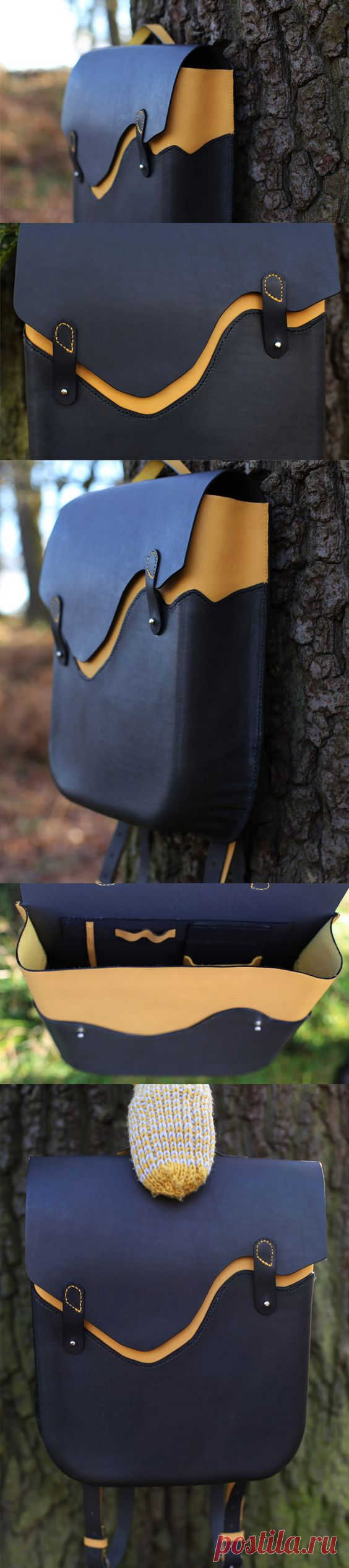 (3) Custom Made Thick Genuine Italian Leather Backpack. Yellow/Grey, Hand Stitched/Wet Moulded 100% Handmade | Кожа