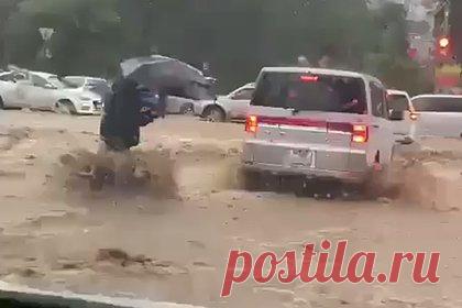 Мужчина ушел под воду на затопленной улице в Приморье и попал на видео. Мужчина из Владивостока ушел под воду на затопленный улице. Видео с инцидентом попало в сеть. На кадрах россиянин с зонтом идет по залитой автомобильный дороге, но падает из-за течения. Он оказывается в грязной воде рядом с машиной и не может встать. Мужчину удалось спасти.