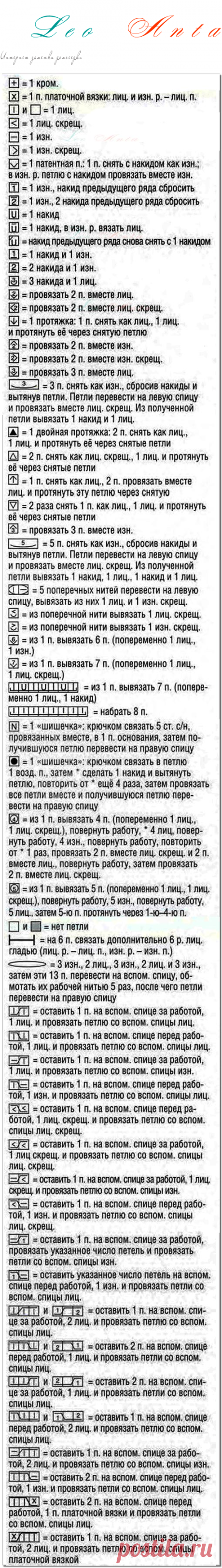 Условные обозначения для вязания спицами.