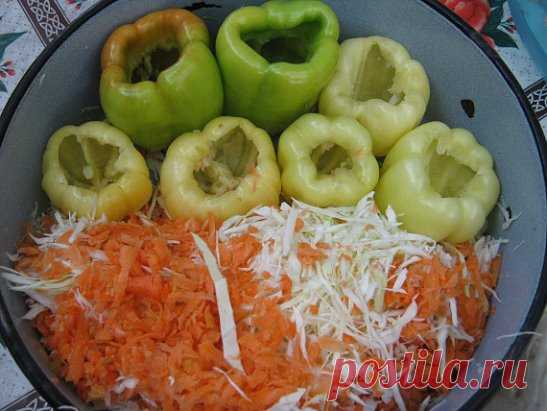 Фаршированный перец на зиму, с морковью и капустой 
Вы пробовали уже заготовить фаршированный перец на зиму, с морковью и капустой? Если нет, то обязательно попробуйте! Это вкусное и аппетитное блюдо просто создано, чтобы скрасить ваши зимние денечки. 
Чеснок 16 зубчиков 
Перец болгарский 40–45 штук 
Зелень петрушки по вкусу 
Зелень укропа по вкусу 
Капуста белокочанная 4,5 килограмма 
Морковь 6 штук 
Перец чили 2 штуки 
Соль 2,5 столовые ложки 
Маринад 
Сахар 3 столовые ложки 
Уксус 9% 2/3