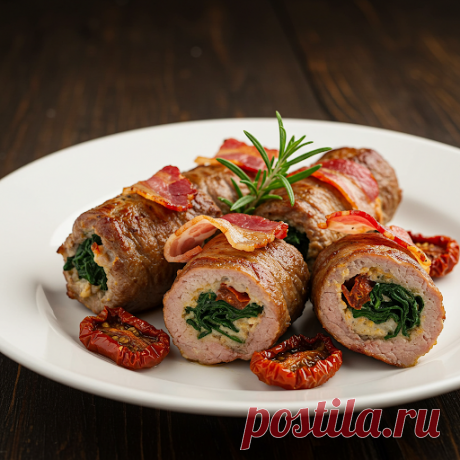 Говяжьи рулеты с вялеными томатами, шпинатом и беконом