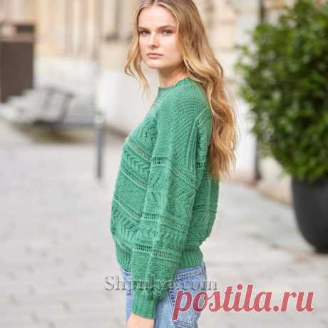 Пуловер с сочетанием узоров связаный поперек — Shpulya.com - схемы с описанием для вязания спицами и крючком