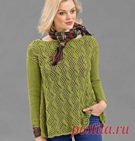 Джемпер трапециевидной формы

Джемпер с расходящимся к низу силуэтом отлично скрывает недостатки фигуры и прекрасно смотрится с джинсами.

Размеры
38/40 (48/50)

ВАМ ПОТРЕБУЕТСЯ
Пряжа (96% хлопка, 4% полиэстера; 105 м/50 г) – 600 (700) г цв. мха; спицы №5 или 5,5; крючок №4,5.

УЗОРЫ И СХЕМЫ

АЖУРНЫЙ УЗОР С «КОСАМИ»
Число петель кратно 22 + 2 + 2 кромочные.

Вязать согл. схеме. На ней даны лицевые ряды. В изнаночных рядах все петли и накиды провязывать изнаночными. Начать ...