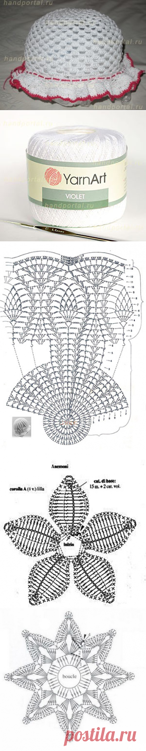 Ажурная панамка крючком для девочки. Схема и описание.

В схеме вязания панамки крючком для девочки и в описании используем такие сокращения:

ССН – столбик с накидом;
ВП – воздушная петля;
СБН – столбик без накида;
ПП – петля подъема.