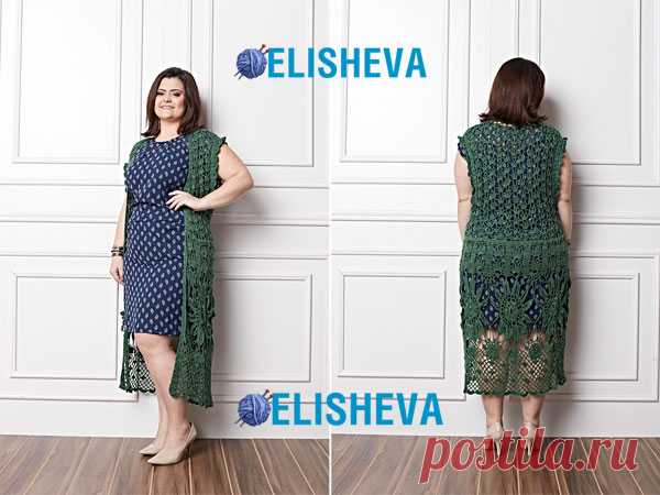 Кружевной кардиган-безрукавка для полной женщины, вязаный крючком. / Блог elisheva.ru