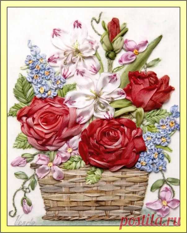 Вышивка лентами и гладью по принту из интернета .