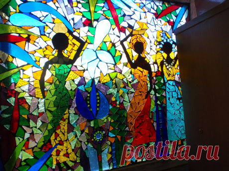 African glass on glass Sitting on window sill, will probably paint the frame black , hard to get a good photo as it is quite large. Done in recycled window frame.