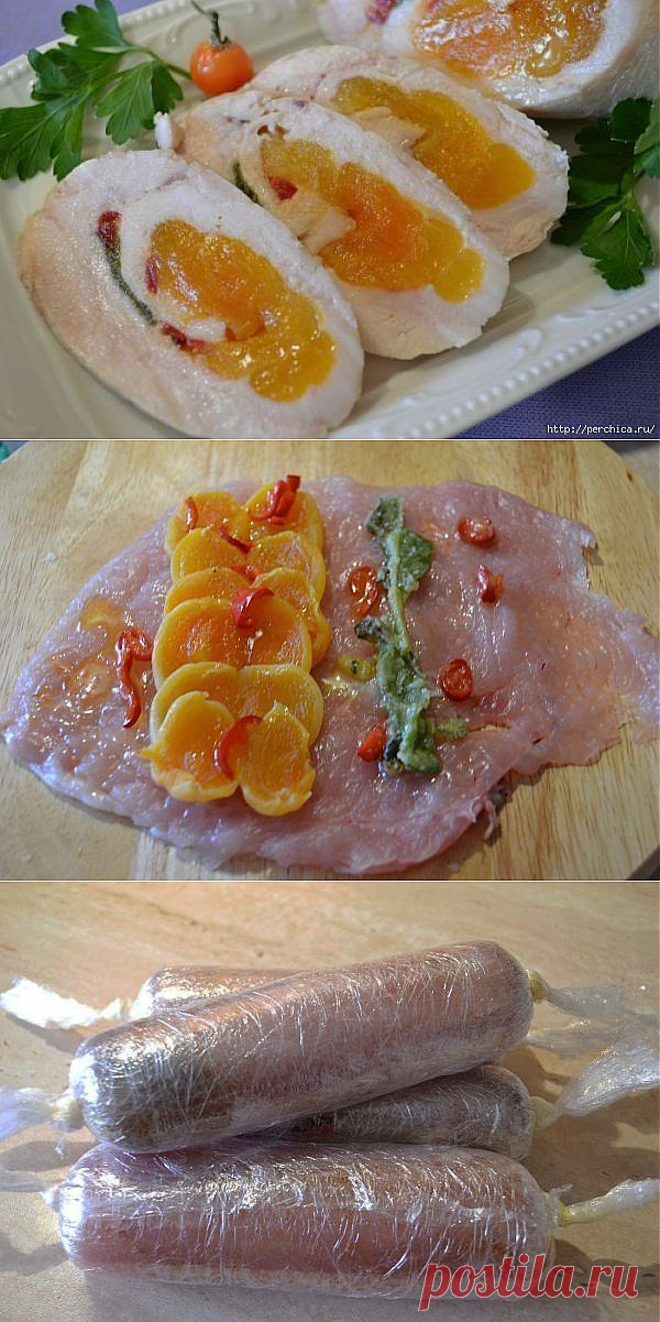 Куриные колбаски-рулетики с курагой.