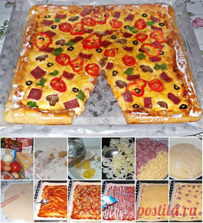 Как приготовить домашняя пицца с сырокопчёной колбасой, сыром и грибами - рецепт, ингридиенты и фотографии