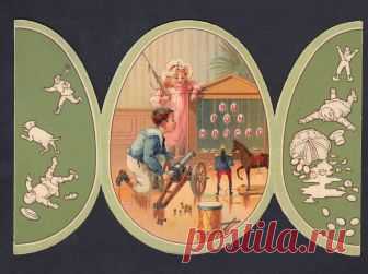 French Tradecard - Easter Egg, Open Au Bon Marche Shops - Easter Egg System Card printed by Sirven in 1906. Series of 4, each available in Red, White, Blue or Chocolate