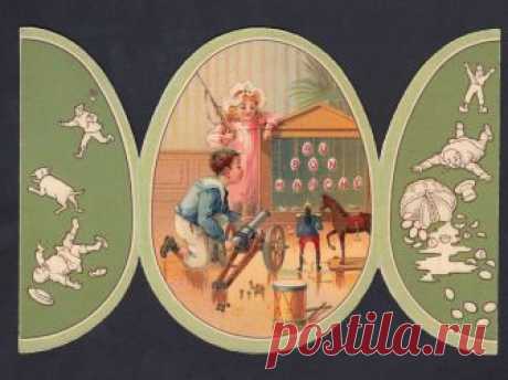 French Tradecard - Easter Egg, Open Au Bon Marche Shops - Easter Egg System Card printed by Sirven in 1906. Series of 4, each available in Red, White, Blue or Chocolate