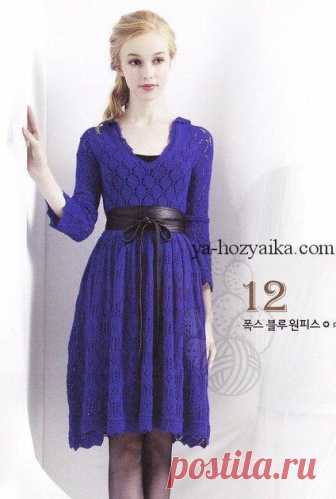 Женское платье спицами ажурным узором. Схемы вязаных платьев спицами Ажурное синее платье спицами. Схемы вязаных платьев спицами