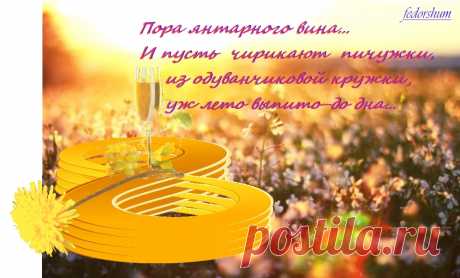 ПОРА ОПАЛОВЫХ НЕБЕС
=====
Пора янтарного вина...
И пусть чирикают пичужки,
из одуванчиковой кружки,
уж лето выпито-до дна...

Пора опаловых небес,
опалых листьев и дороги:
до неосознанной тревоги
от неопознанных чудес.

Пора оплаты векселей,
по необдуманным объятьям:
через осенние проклятья-
к благославению дождей.

Пора высокопарных слов!
Их (в осень) Рукоположеннье-
как принцип вечного движенья:
Perpetuum Mobile стихов.