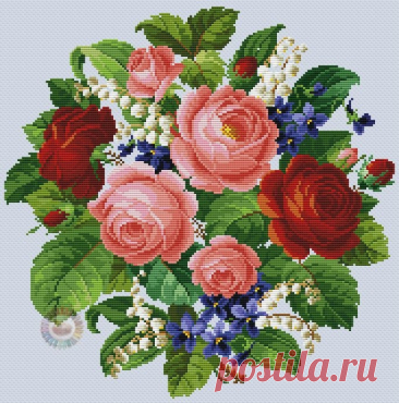 Вышиваем прекрасные букеты цветов Вышиваем прекрасные букеты цветовВоспользуйтесь прилагаемой легендой или подберите оттенки мулине для букетов самостоятельно - так получится неповторимо.