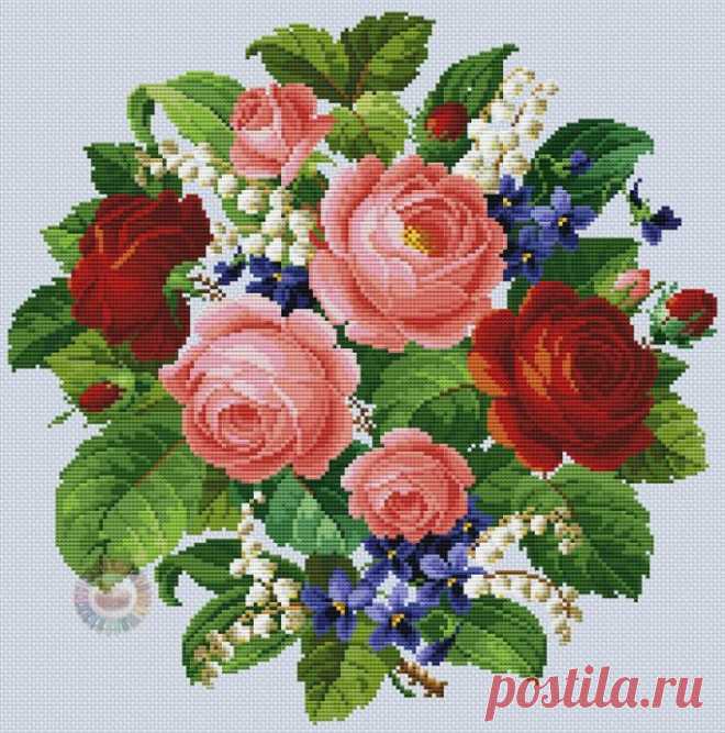 Вышиваем прекрасные букеты цветов Вышиваем прекрасные букеты цветовВоспользуйтесь прилагаемой легендой или подберите оттенки мулине для букетов самостоятельно - так получится неповторимо.