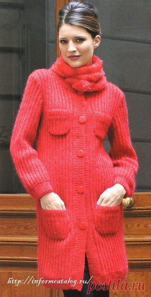 Красное Пальто и Шарф Спицами | Ниточка