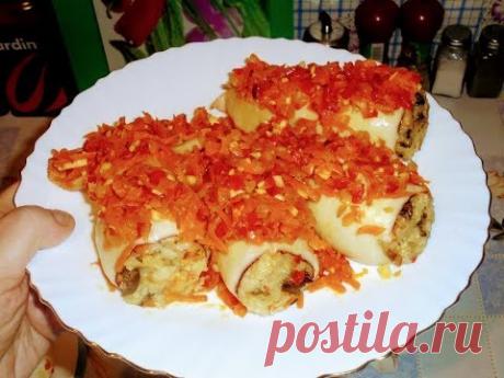 Постное блюдо.Фаршированные кальмары  с рисом ,грибами и овощами.Мое блюдо на Новый год.