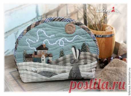 Большая косметичка &quot;Зимнее настроение&quot; - голубой,в клеточку,домики,ольга абакумова