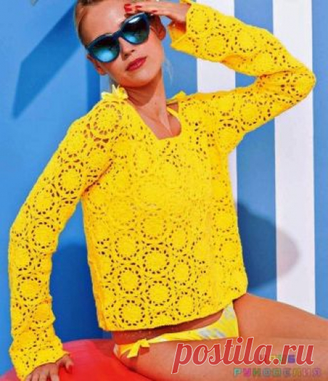 Пуловер с длинными рукавами (крючок) - Клуб рукоделия Размеры: S-M/L-XL Вам потребуется: 12/14 мотков лимонно-жёлтой (цвет № 42650) пряжи Bergere de France Coton Fifty (50% хлопка, 50% акрила. 140 м/50 г); крю