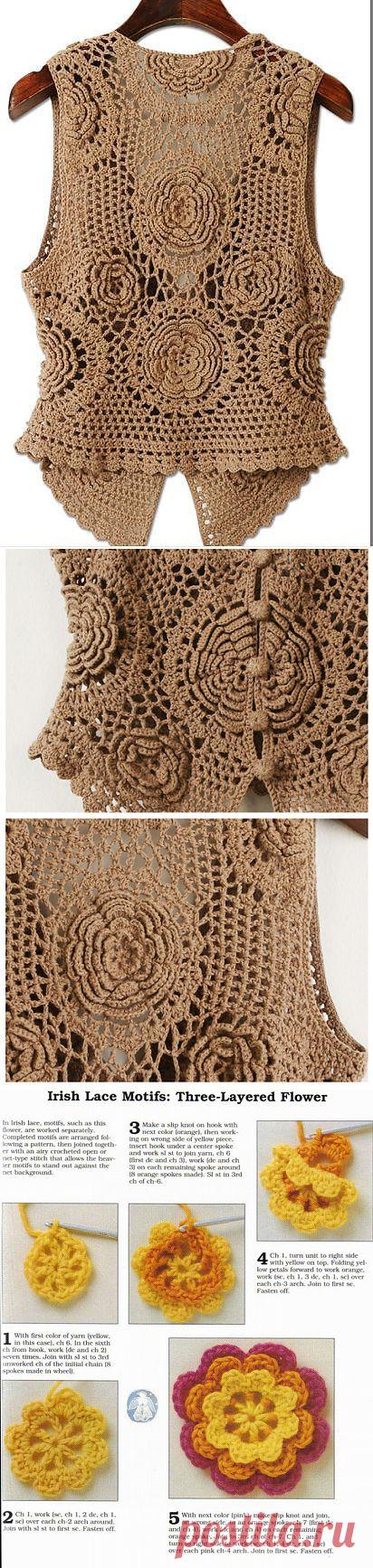 Жилетка крючком - цветочный шоколад!.