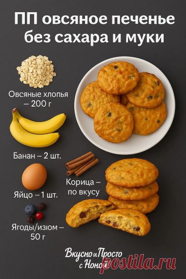 ПП овсяное печенье без сахара и муки 
Сохраняй, чтобы не потерять, и обязательно попробуй, это очень вкусно 
Благодарю за  и поддержку 

Ингредиенты:
Овсяные хлопья — 200 г
Банан — 2 шт. (спелых)
Яйцо — 1 шт.
Ягоды или изюм — 50 г
Корица — по вкусу
Ваниль — щепотка

Приготовление:
Бананы размять вилкой до пюре.
Добавить яйцо, ваниль и корицу, перемешать.
Всыпать овсяные хлопья и ягоды (или изюм).
Выложить ложкой печенье на пергамент.
Выпекать при 180°С около 20 минут до зо...