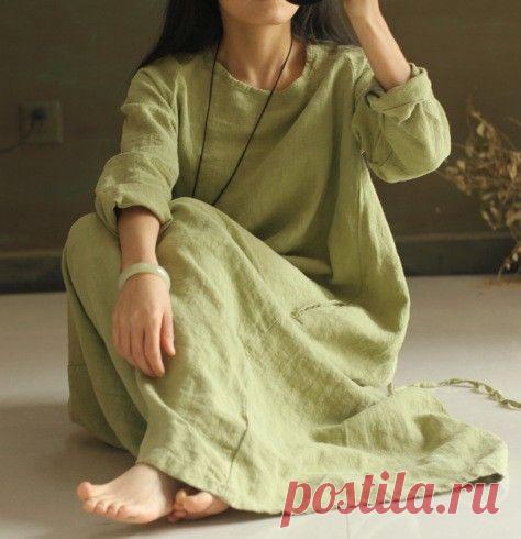 2 цвета 2015 женщин хлопок и лен высокое качество зеленый платье халат с длинными платье полный рукавом о шеи платье свободного покроя широкий платья, принадлежащий категории Платья и относящийся к Одежда и аксессуары для женщин на сайте AliExpress.com | Alibaba Group