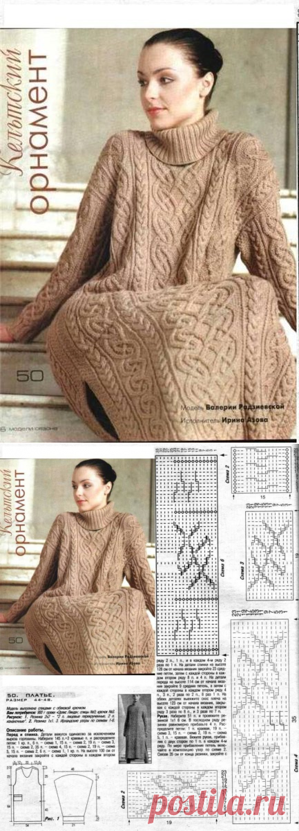 Вязаное платье с аранами спицами. Длинное теплое платье спицам |