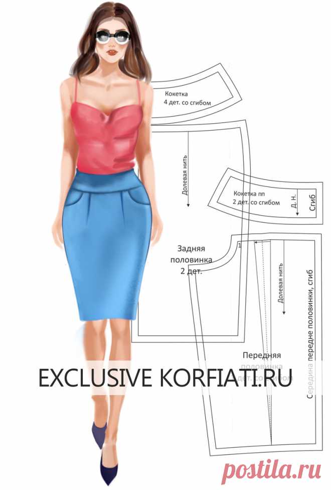 Выкройка юбки с кокеткой и складками от А. Корфиати Выкройка юбки с кокеткой и складками - классическая юбка, идеально сидит по фигуре. Выкройку просто смоделировать по готовой основе, которую можете скачать
