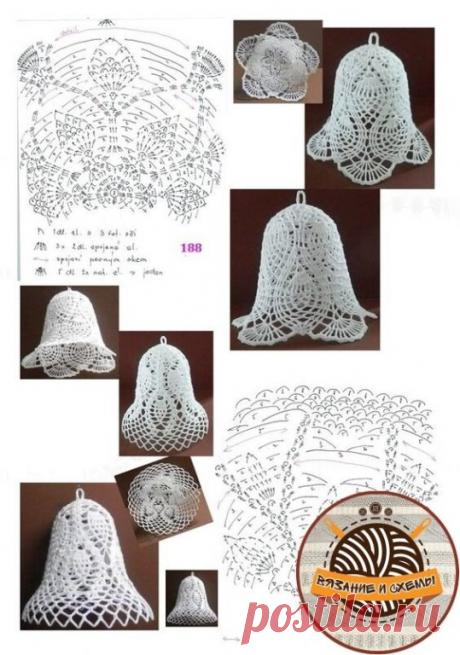 Ажурные колокольчики крючком, елочные игрушки.